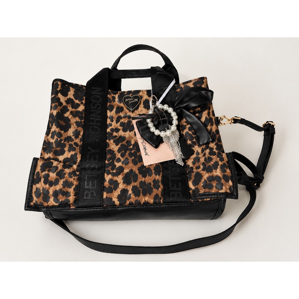 Betsey Johnson Leopard Print Satchel Crossbody Bag Bow Charm Purse NWT